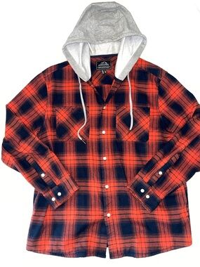 OUTDOOR JACKET Hooded Black & Orange Plaid Flannel Shirt Sz: L SKU: 0914-12